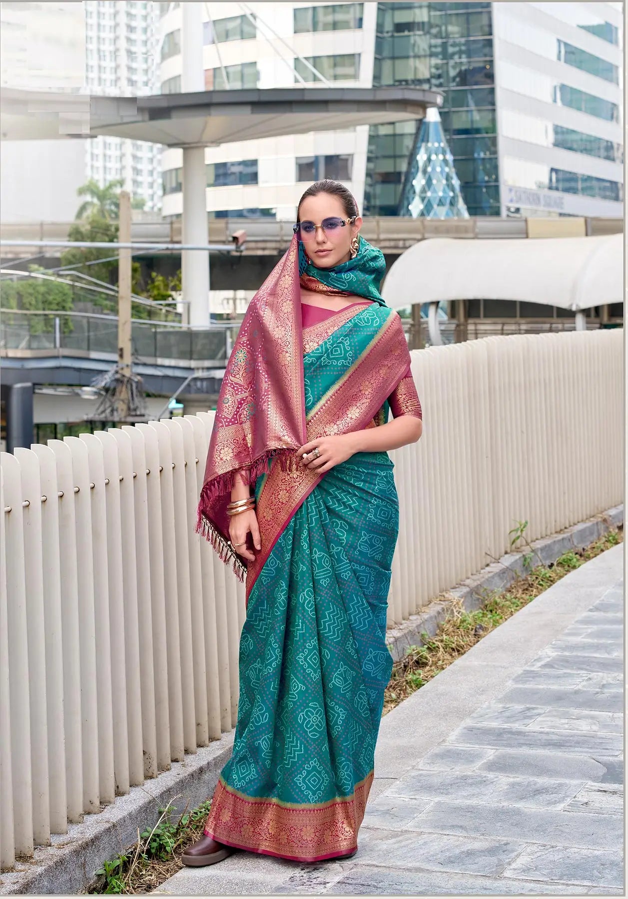 Teal Blue  Soft Silk Bandhani Weaving Saree