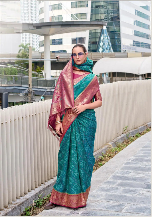 Teal Blue  Soft Silk Bandhani Weaving Saree