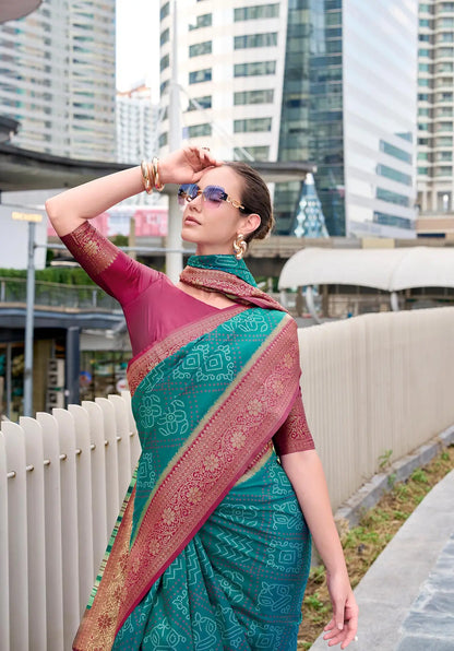 Teal Blue  Soft Silk Bandhani Weaving Saree
