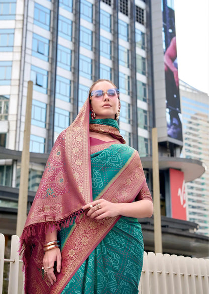 Teal Blue  Soft Silk Bandhani Weaving Saree