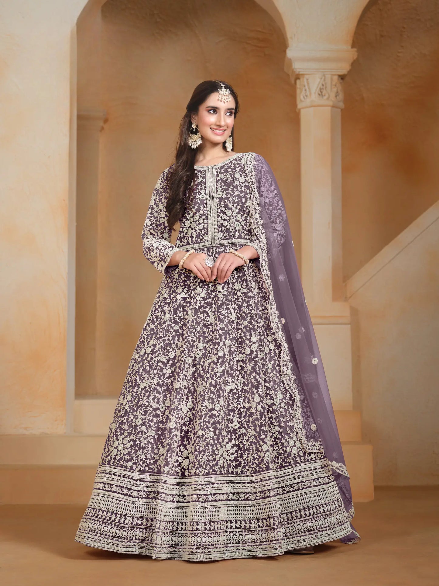 Lavender Net Gown With Sequence & Thread Embroidery Work