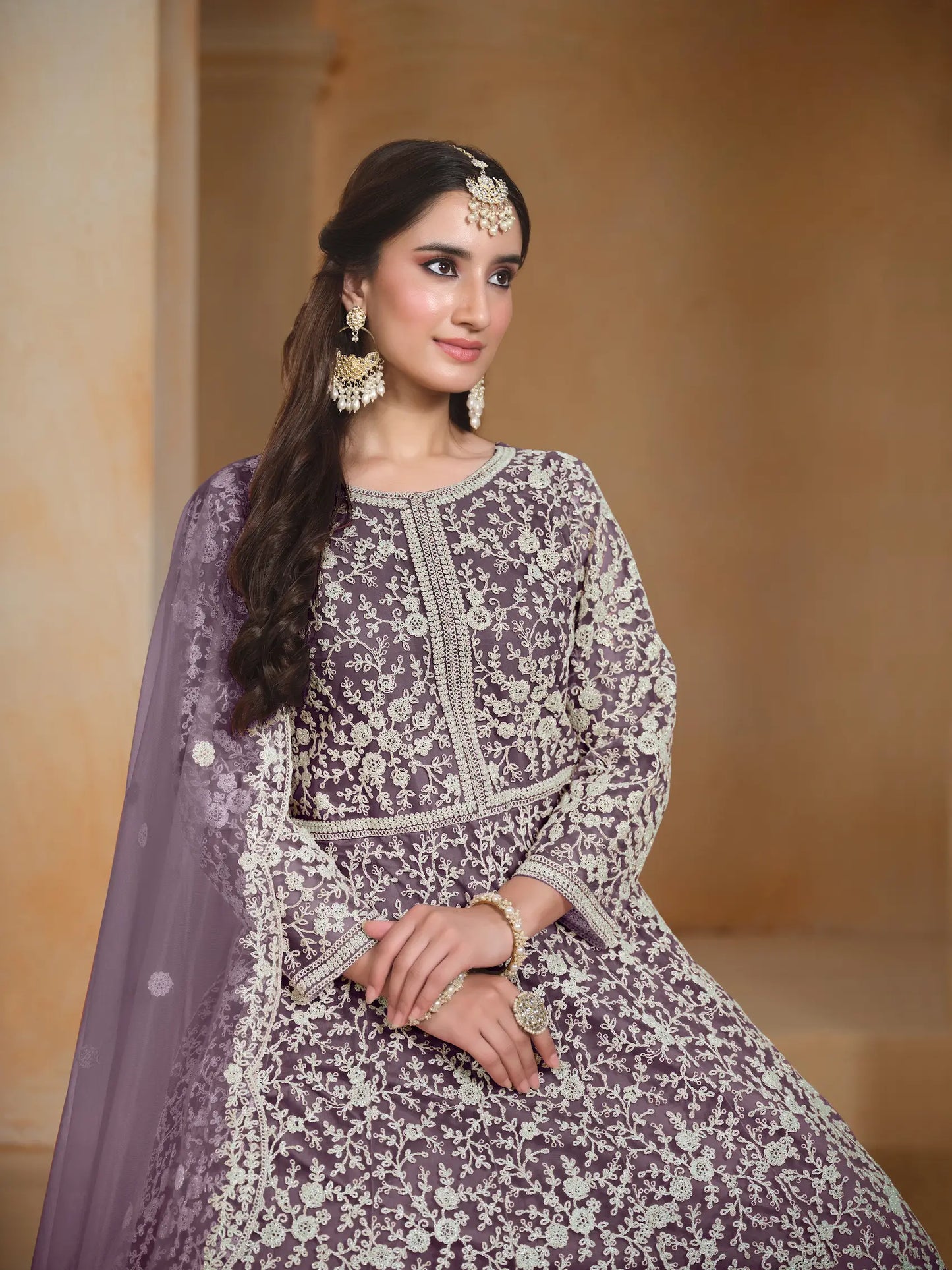 Lavender Net Gown With Sequence & Thread Embroidery Work