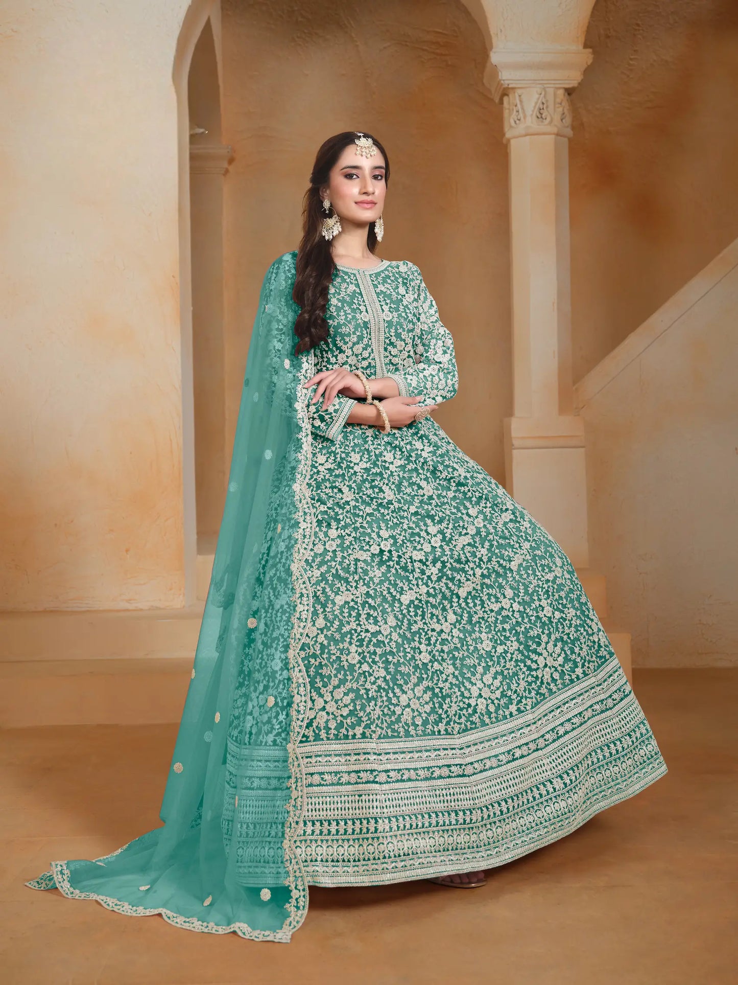 Sky Blue Net Gown With Sequence & Thread Embroidery Work
