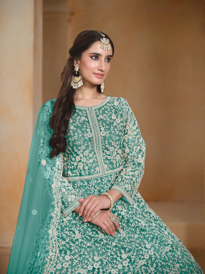 Sky Blue Net Gown With Sequence & Thread Embroidery Work