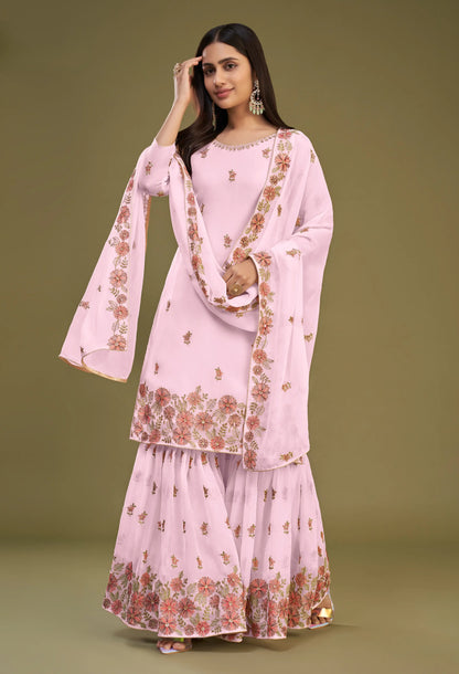 Light Pink Georgette Multi Thread Embroidery Work Sharara Set With Dupatta