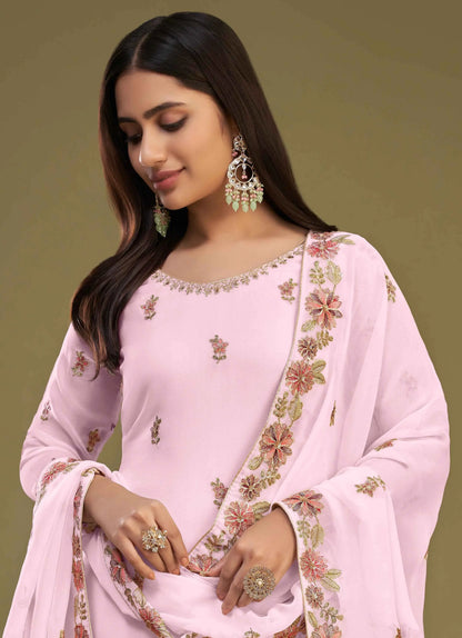 Light Pink Georgette Multi Thread Embroidery Work Sharara Set With Dupatta