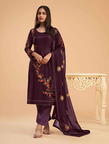 Wine Georgette Sequins Embroidery Work Salwar Suit With Dupatta
