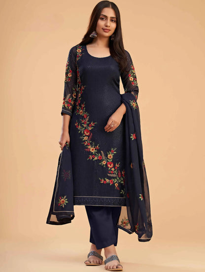 Navy Blue Georgette Sequins Embroidery Work Salwar Suit With Dupatta