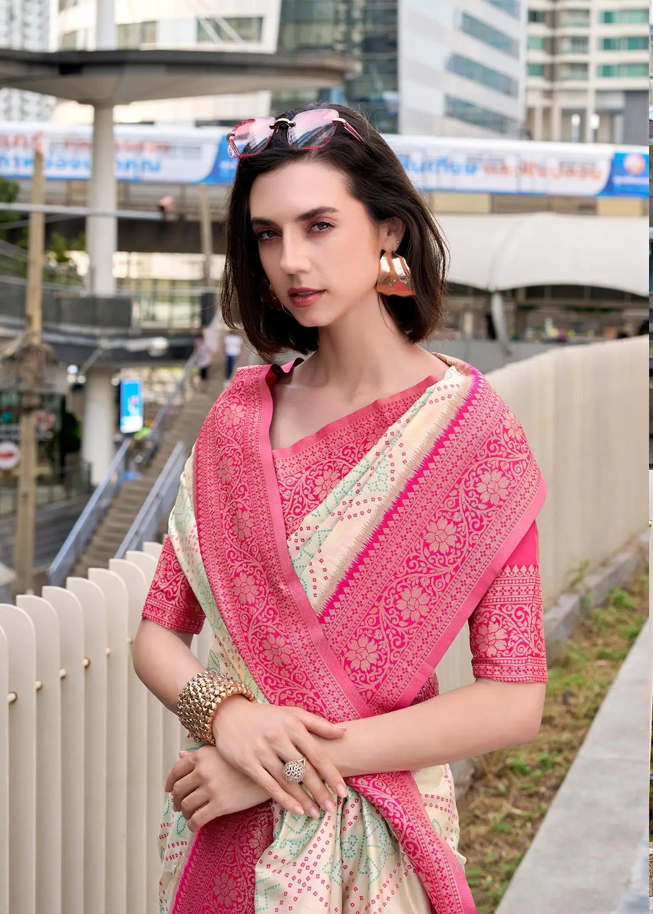 Beige Soft Silk Bandhani Weaving Saree