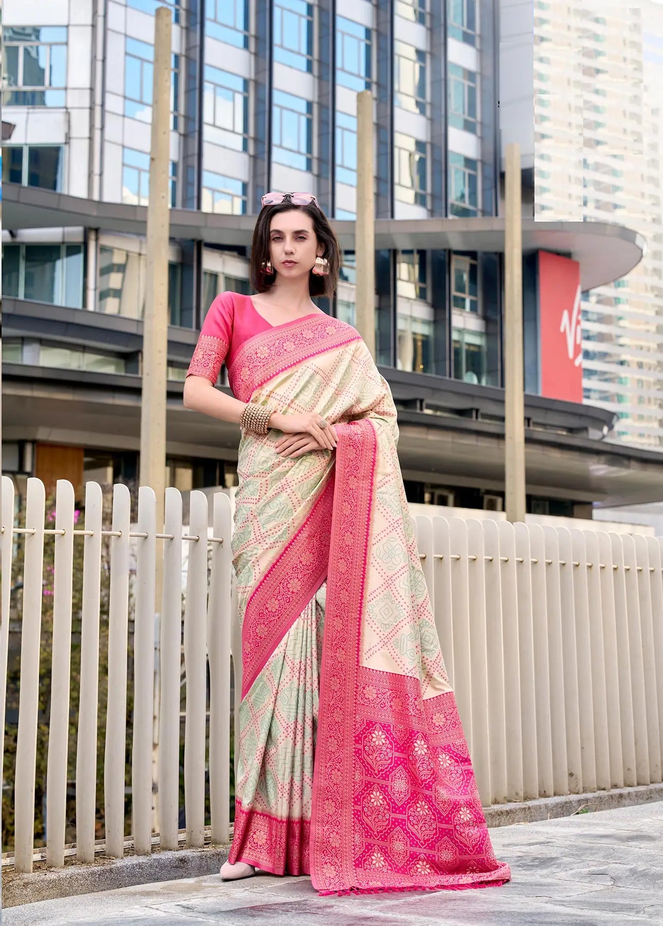 Beige Soft Silk Bandhani Weaving Saree
