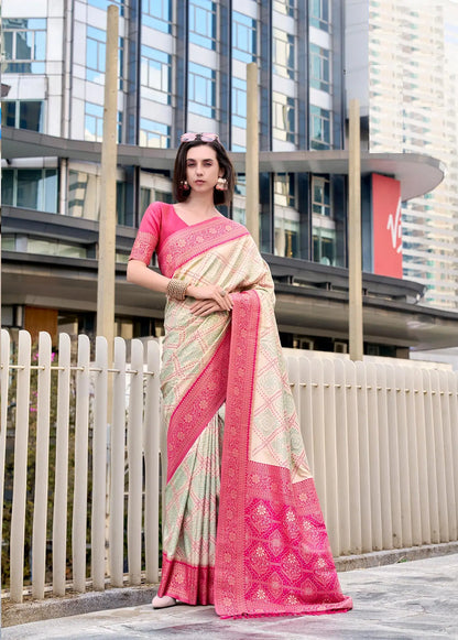 Beige Soft Silk Bandhani Weaving Saree