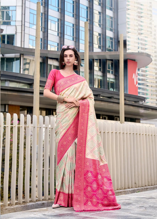 Beige Soft Silk Bandhani Weaving Saree