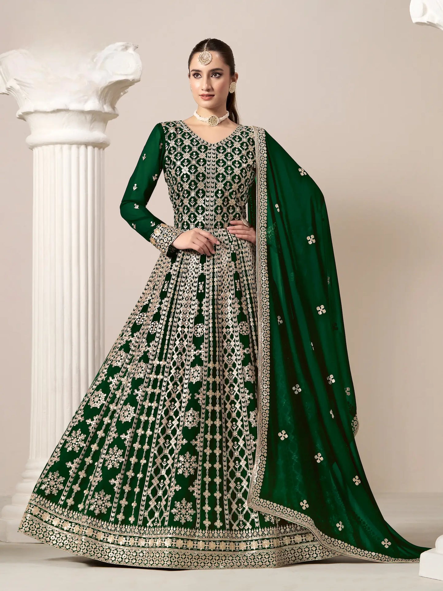 Green Georgette Gown With Sequence & Thread Embroidery Work