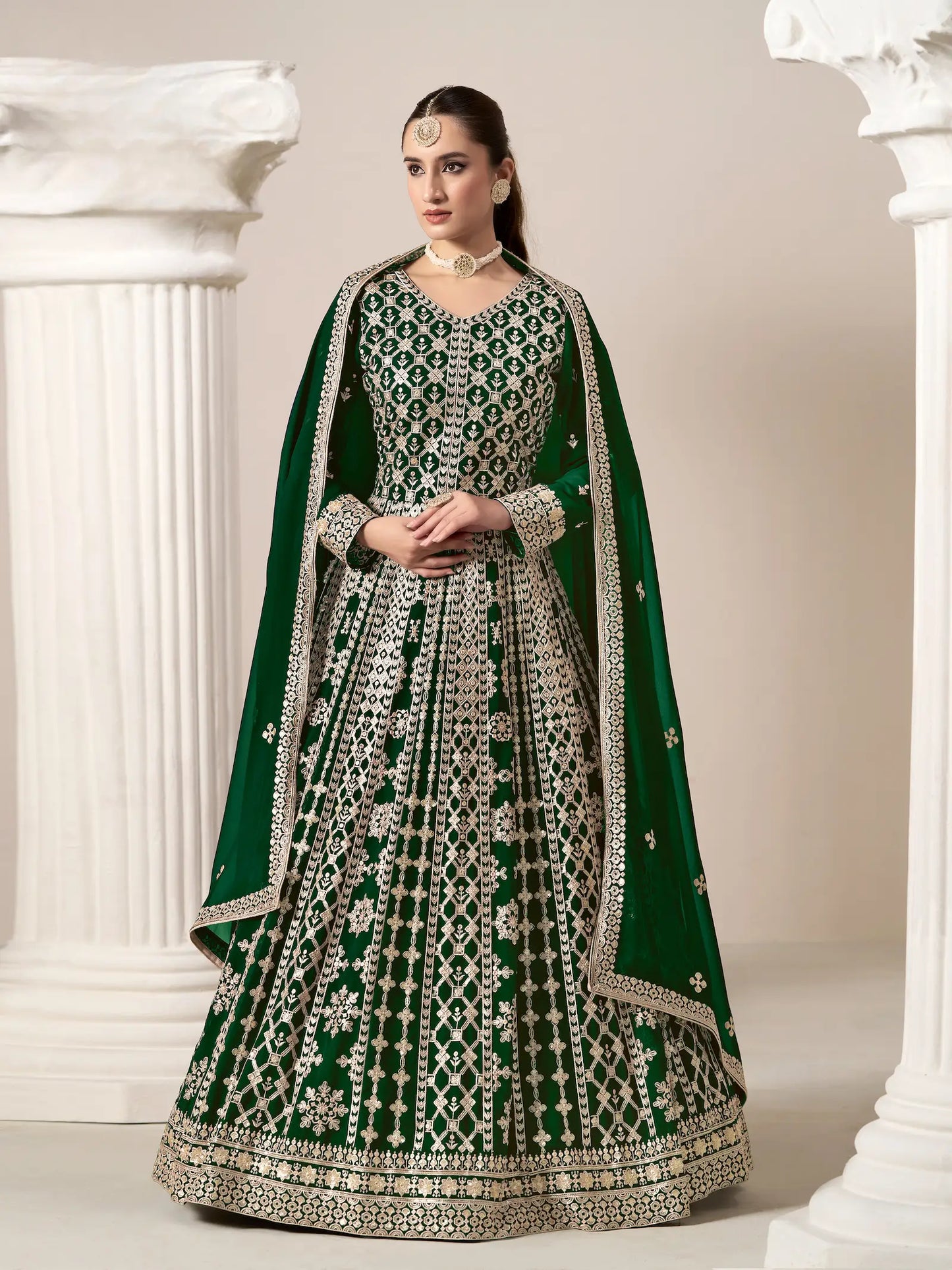 Green Georgette Gown With Sequence & Thread Embroidery Work