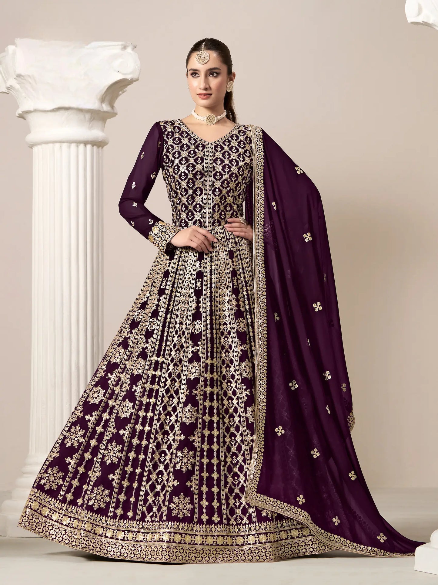 Wine Georgette Gown With Sequence & Thread Embroidery Work