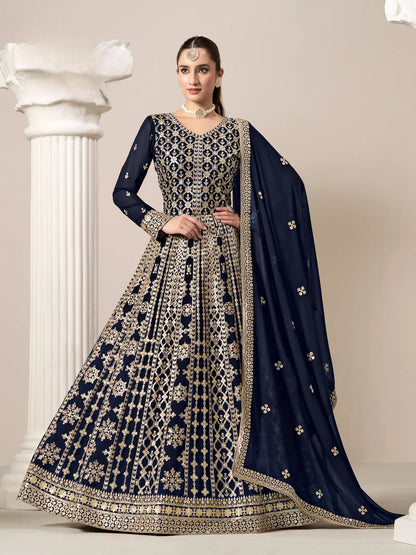 Navy Blue Georgette Gown With Sequence & Thread Embroidery Work
