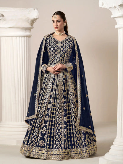 Navy Blue Georgette Gown With Sequence & Thread Embroidery Work