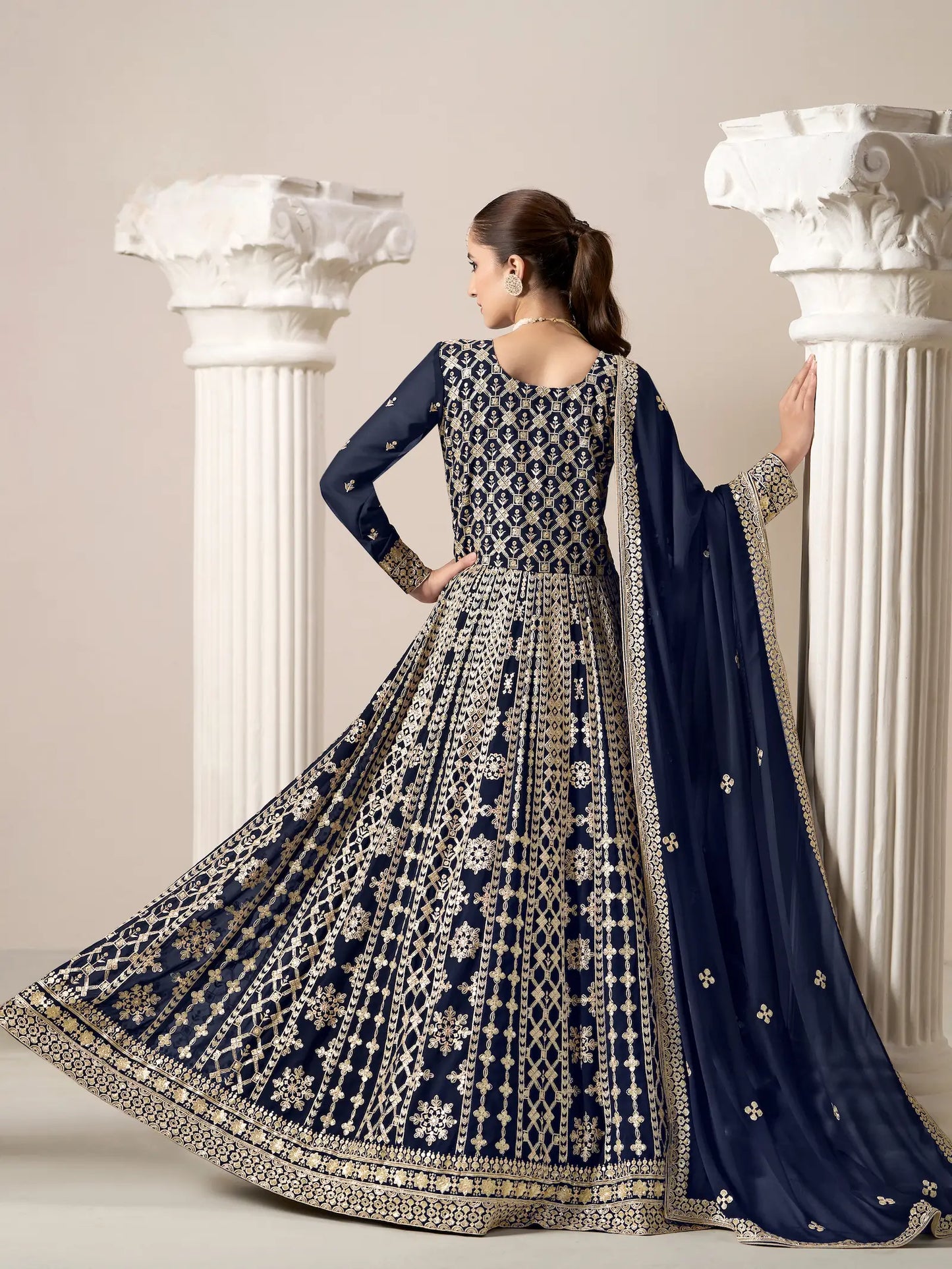 Navy Blue Georgette Gown With Sequence & Thread Embroidery Work
