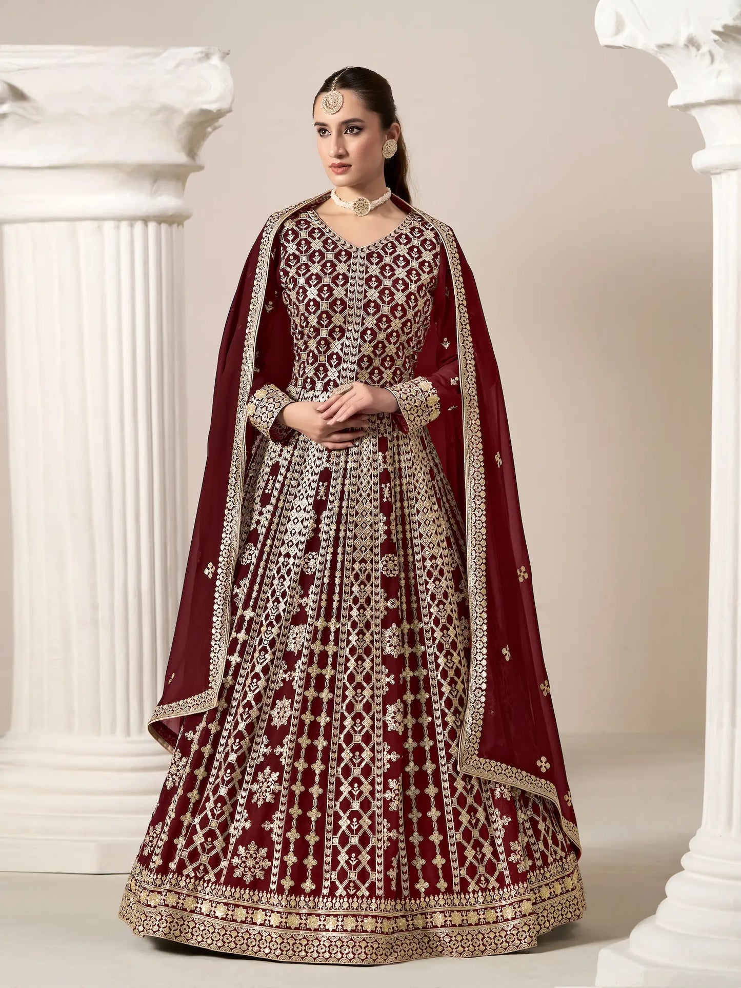 Maroon Georgette Gown With Sequence & Thread Embroidery Work