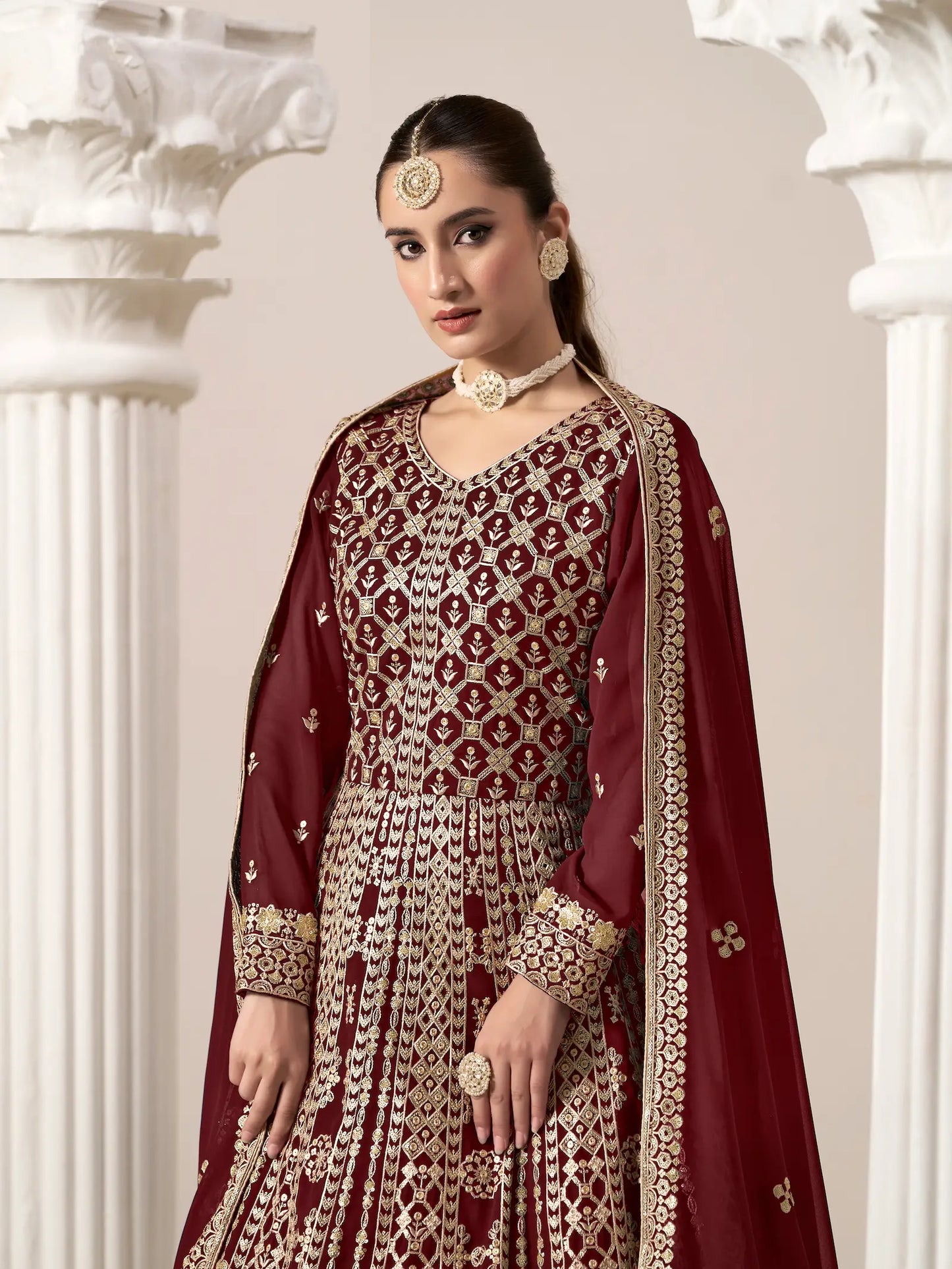 Maroon Georgette Gown With Sequence & Thread Embroidery Work