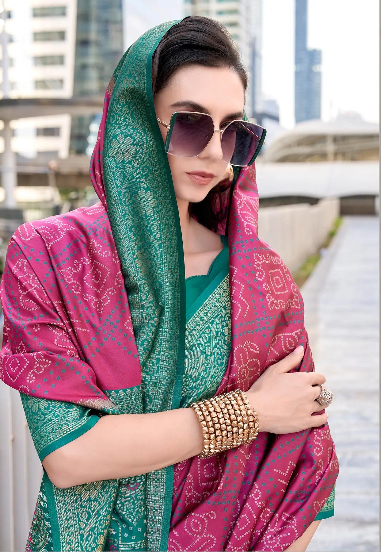 Pink Soft Silk Bandhani Weaving Saree