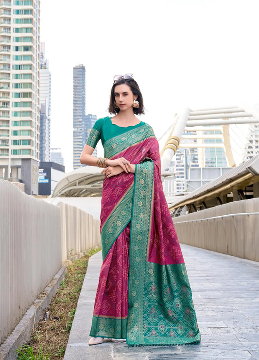 Pink Soft Silk Bandhani Weaving Saree