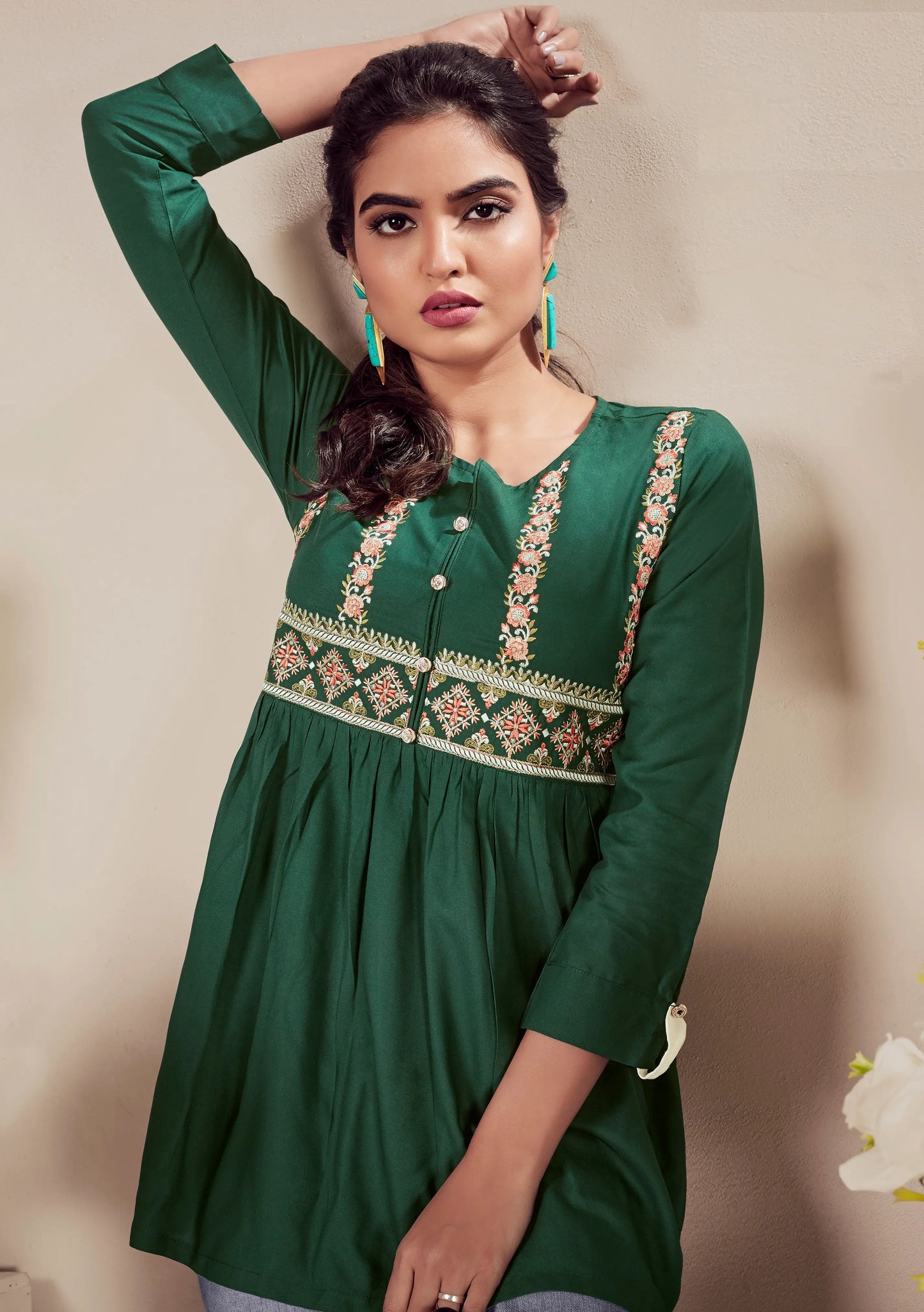 Green Rayon Straight Short Kurti
