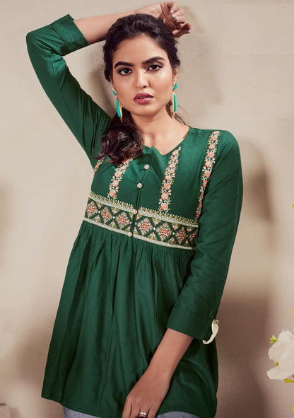 Green Rayon Straight Short Kurti