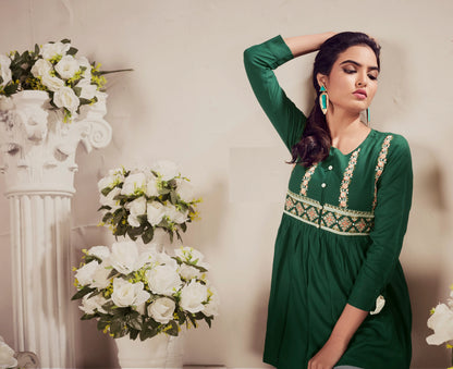 Green Rayon Straight Short Kurti