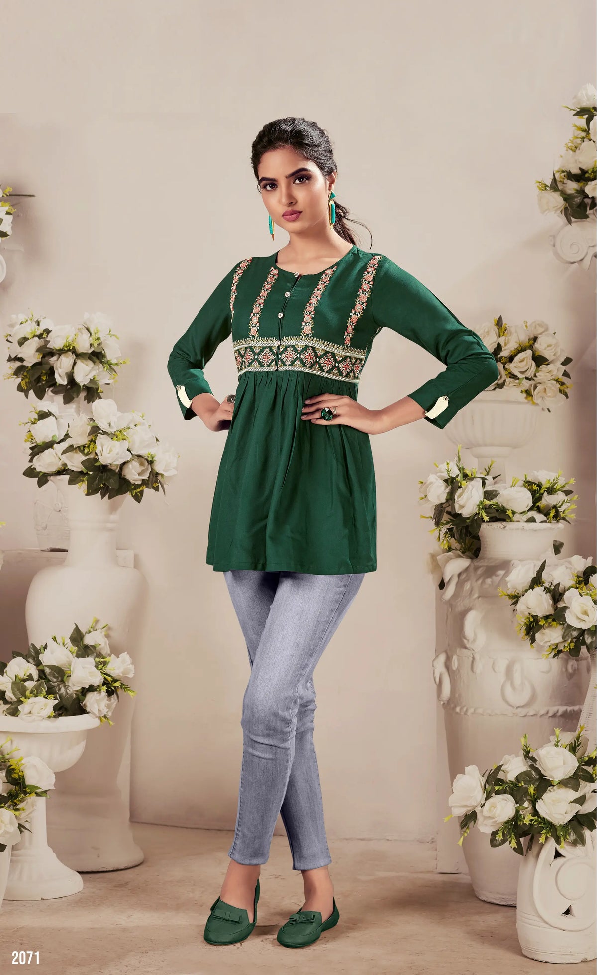 Green Rayon Straight Short Kurti