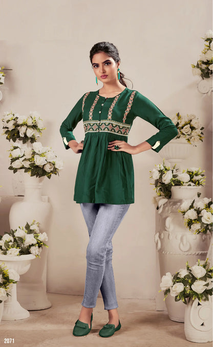 Green Rayon Straight Short Kurti