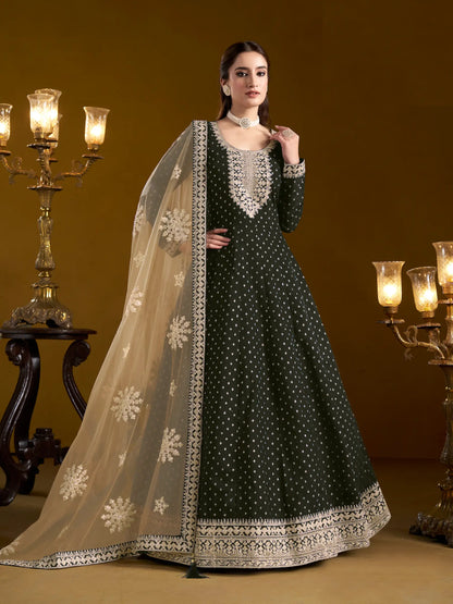 Black Chanderi Silk Gown With Zari Weaving Work,Sequence & Thread Embroidery Work