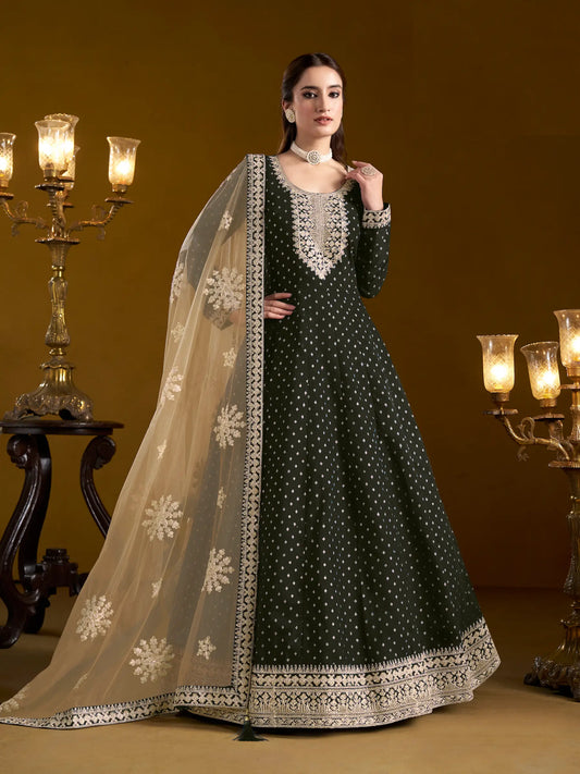 Black Chanderi Silk Gown With Zari Weaving Work,Sequence & Thread Embroidery Work