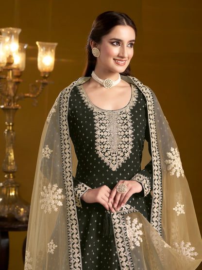 Black Chanderi Silk Gown With Zari Weaving Work,Sequence & Thread Embroidery Work