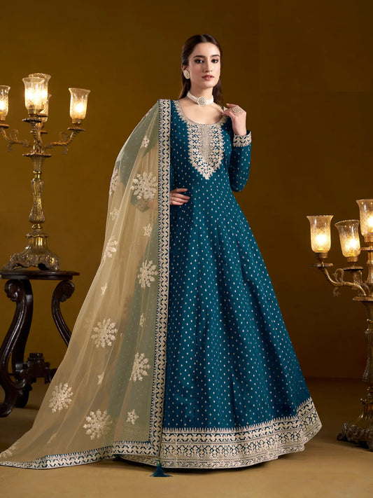 Teal Blue Chanderi Silk Gown With Zari Weaving Work,Sequence & Thread Embroidery Work
