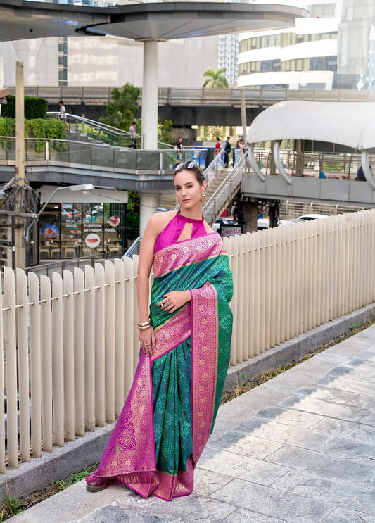Green  Soft Silk Bandhani Weaving Saree