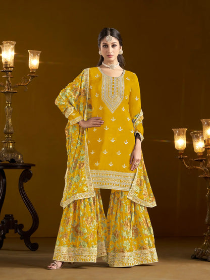 Yellow Chinon Printed, Sequins & Thread Embroidered Sharara Suit
