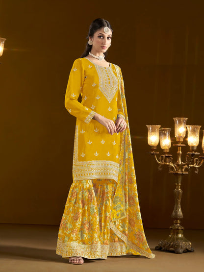Yellow Chinon Printed, Sequins & Thread Embroidered Sharara Suit