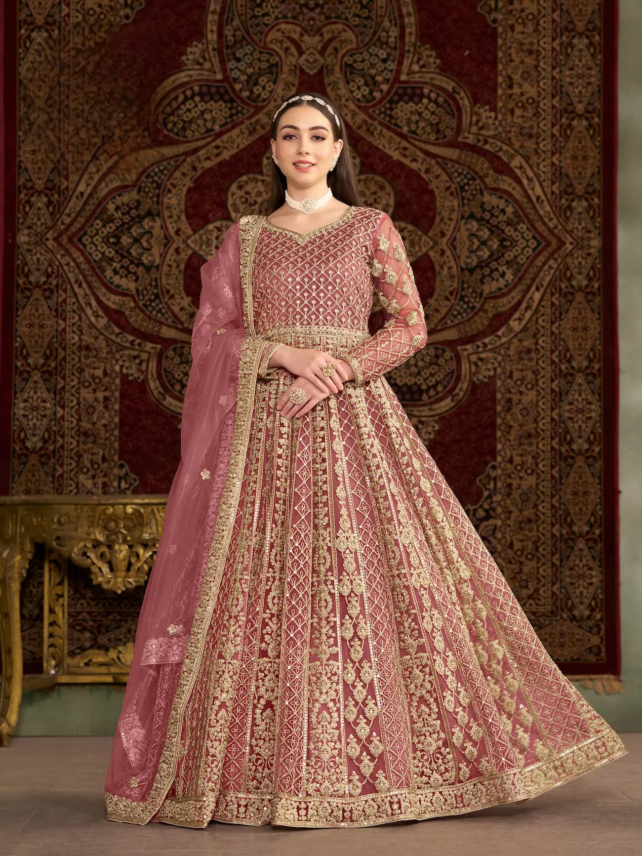Light Pink Net Gown With Sequence & Zari Embroidery Work