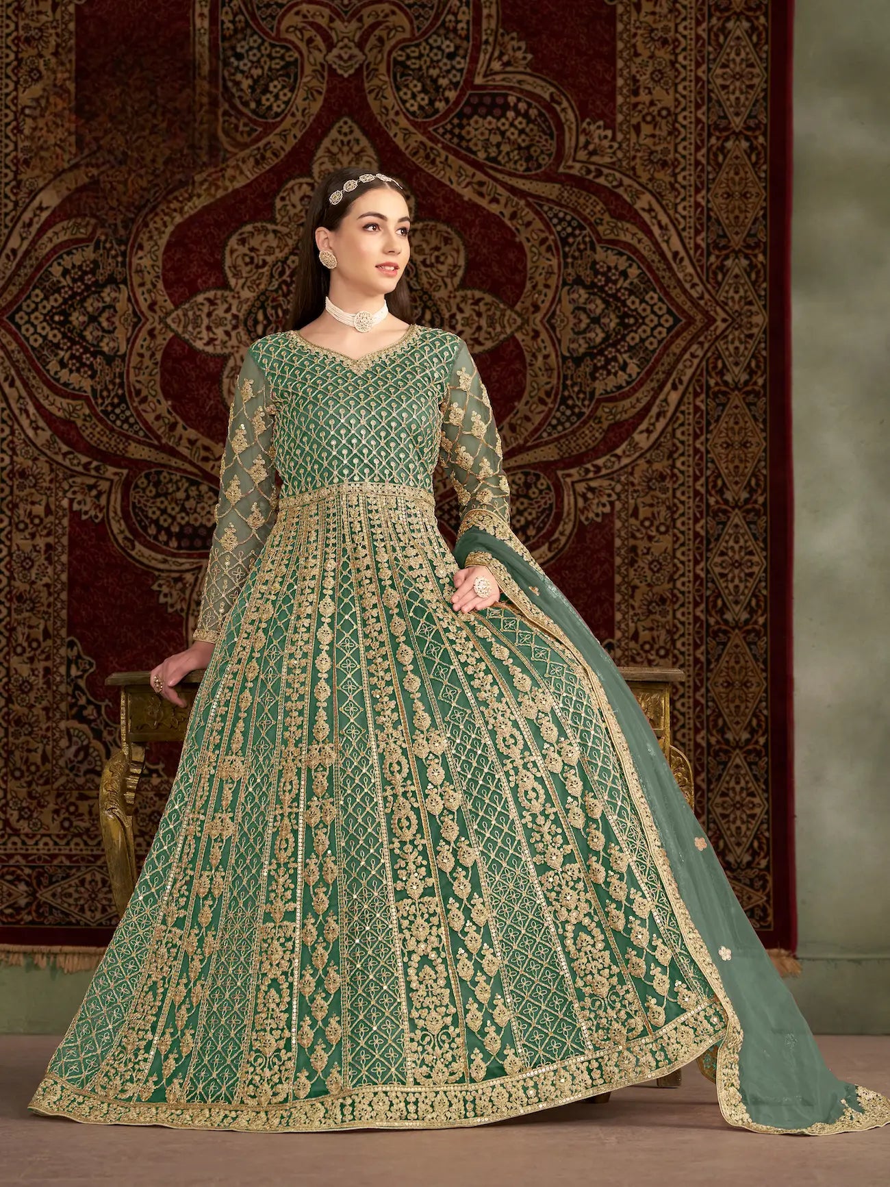 Pista Green Net Gown With Sequence & Zari Embroidery Work