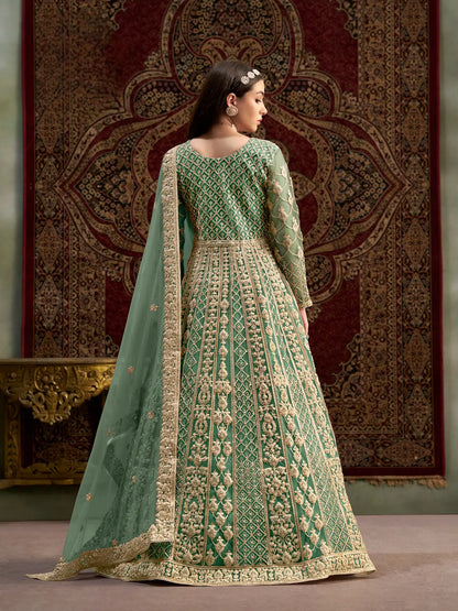 Pista Green Net Gown With Sequence & Zari Embroidery Work
