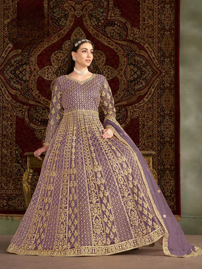 Lavender Net Gown With Sequence & Zari Embroidery Work