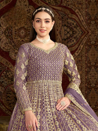Lavender Net Gown With Sequence & Zari Embroidery Work