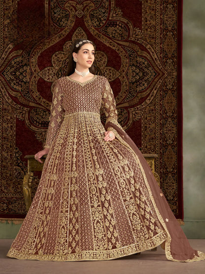 Light Brown Net Gown With Sequence & Zari Embroidery Work