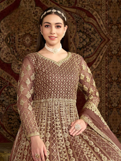 Light Brown Net Gown With Sequence & Zari Embroidery Work