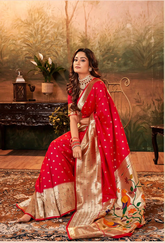 Red Paithani Silk Saree with Woven Border & Pallu