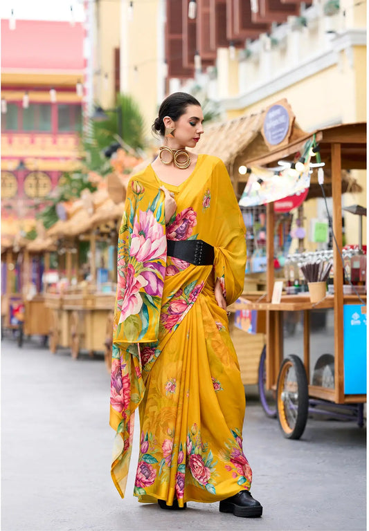 Yellow Georgette Saree with Exclusive Print