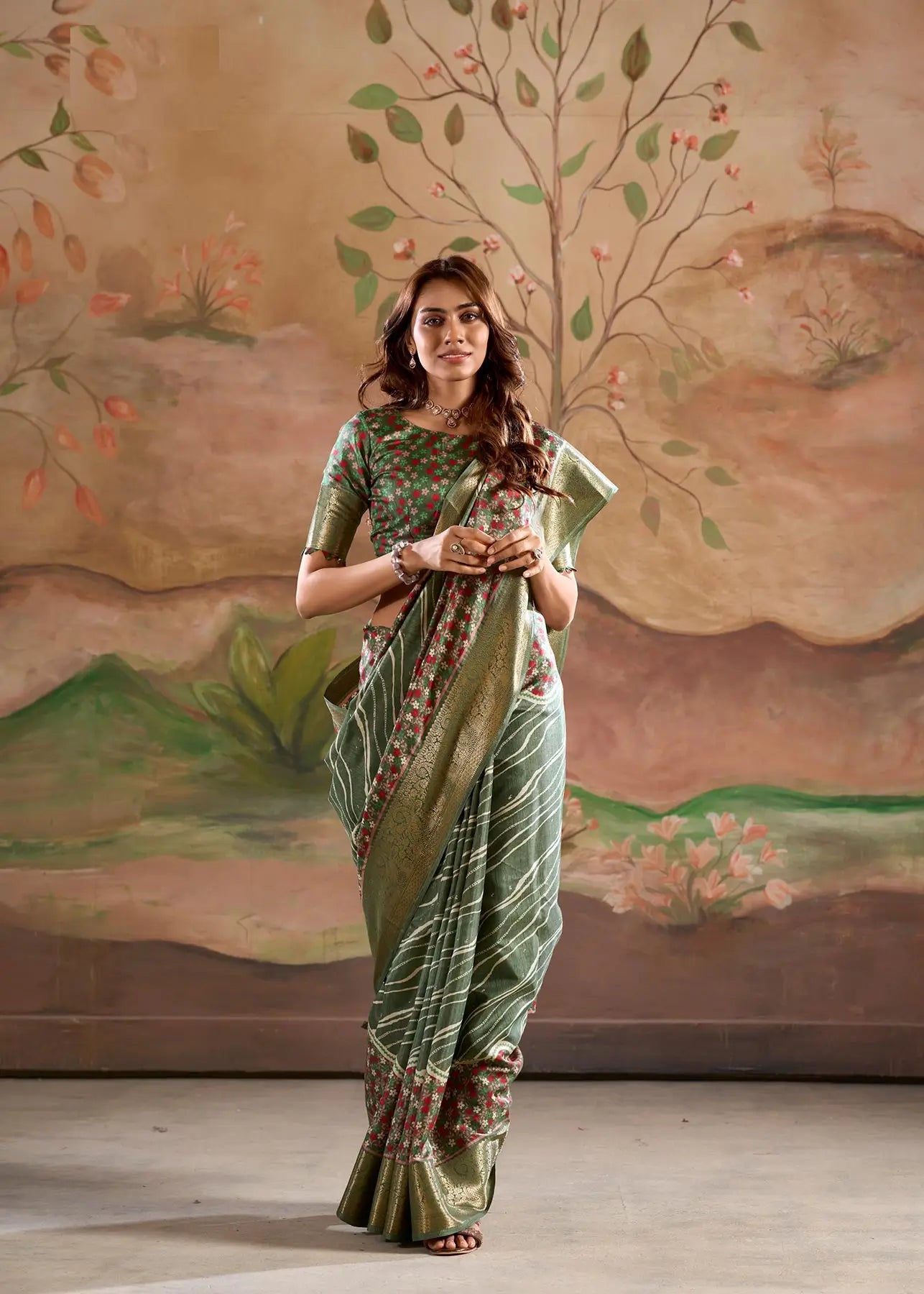 Green  Dola Silk Printed Saree With Zari Border