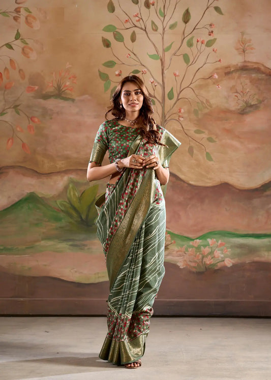 Green  Dola Silk Printed Saree With Zari Border