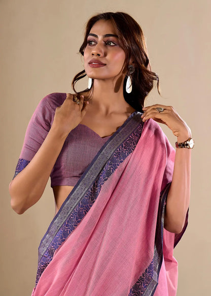 Pink Handloom Silk Saree With Contarast Border